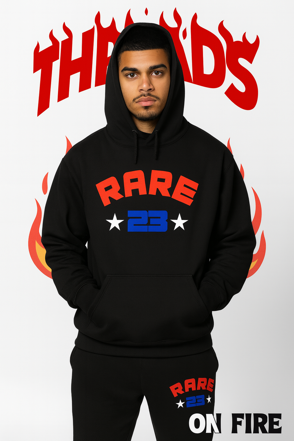 Person wearing a black hoodie with 'RARE 23' text and stars, standing against a white background with 'THE HOODS' branding.