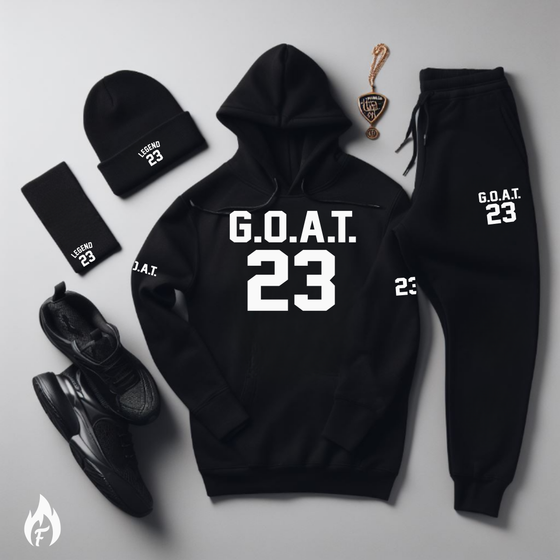 Men's G.O.A.T. 23 Black Sweatsuit Matching Air Jordan Retro 13 Playoffs Sneaker Graphics Hoodie and Joggers