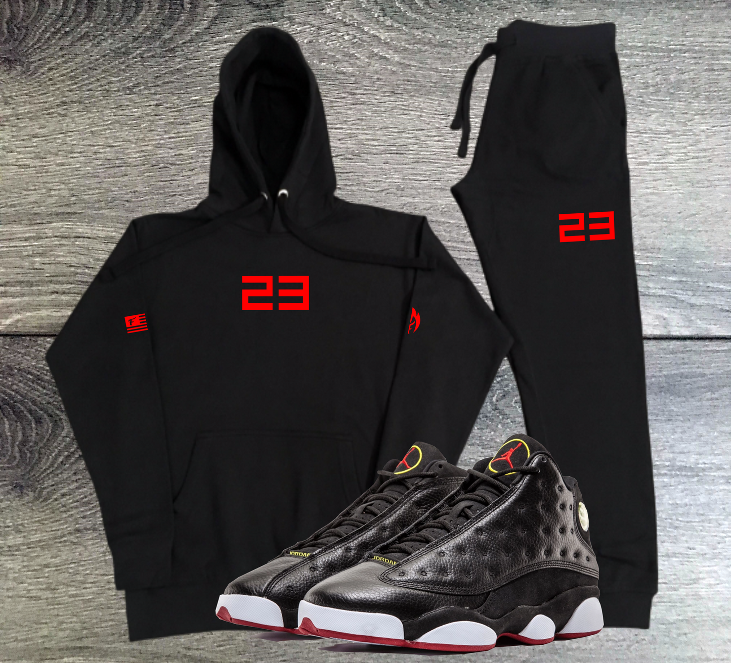 Men's Black 23 Sweatsuit To Match Air Jordan 13 Playoffs Black Red Sneaker Hoodie and Joggers Set