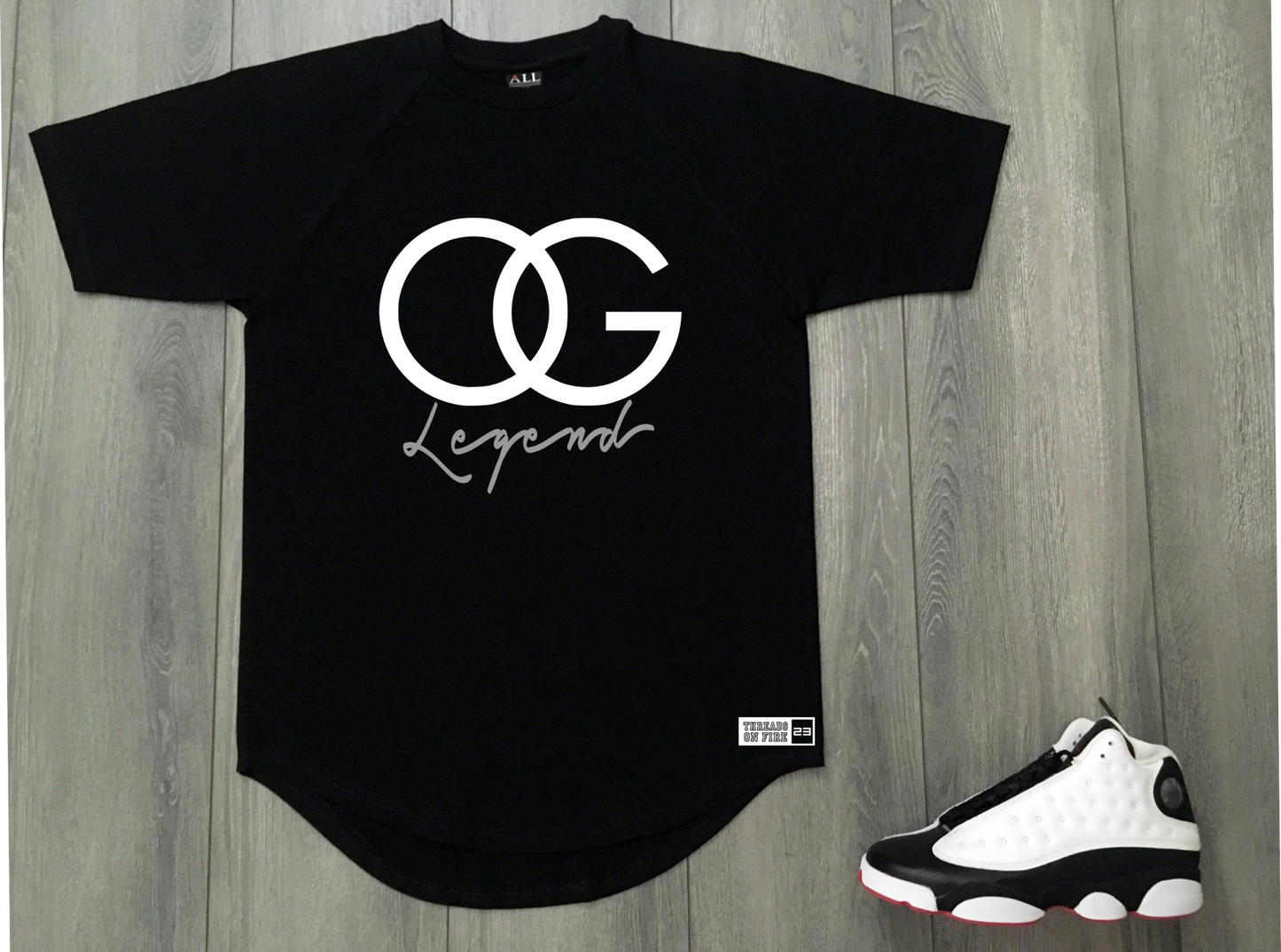 OG Legend Black Drop Tail T-Shirt To Match Black White Air Jordan Sneakers