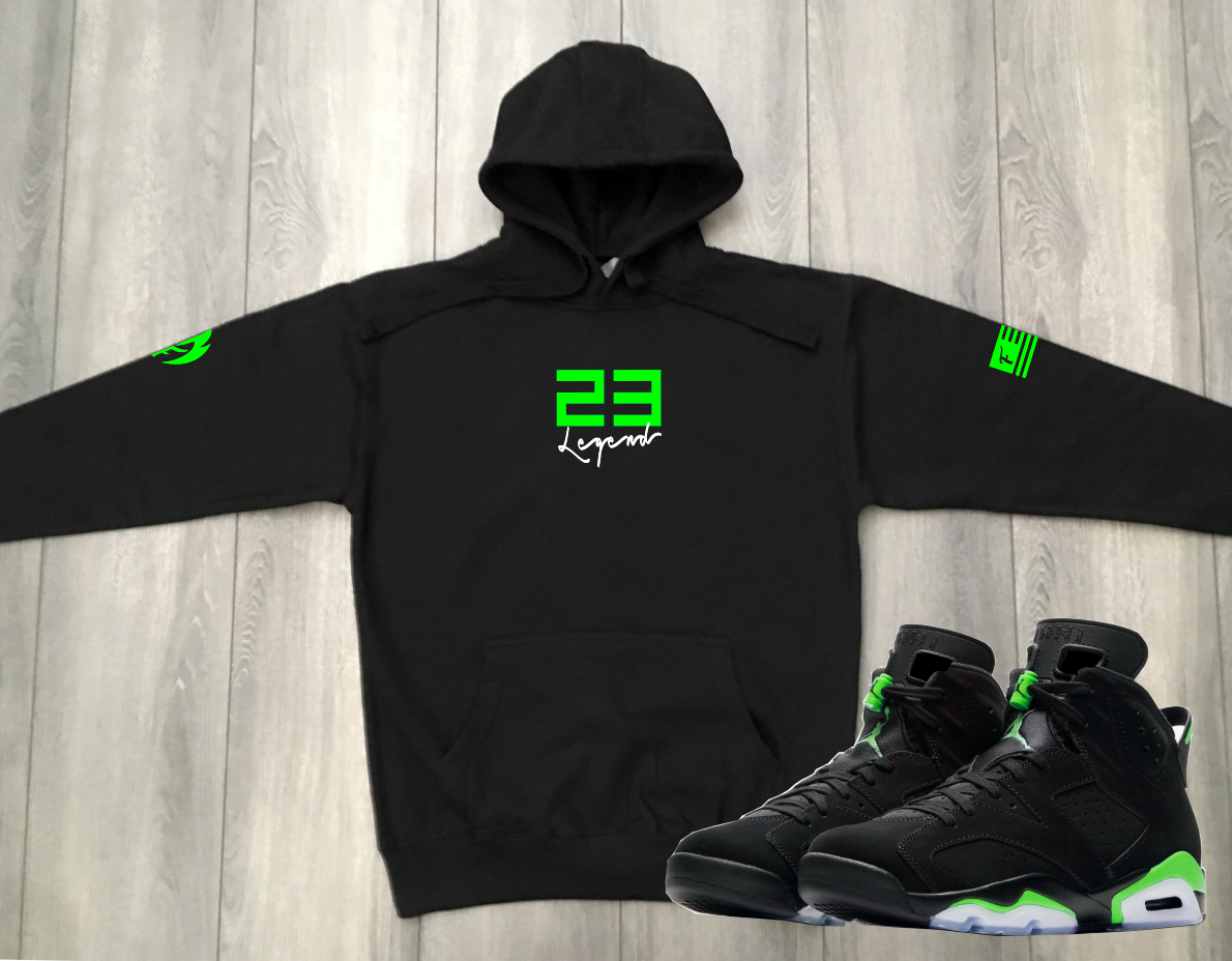 Men's 23 Legend Black Hoodie Joggers Sneaker Sweatsuit To Match Air Jordan Retro 6 Electric Green