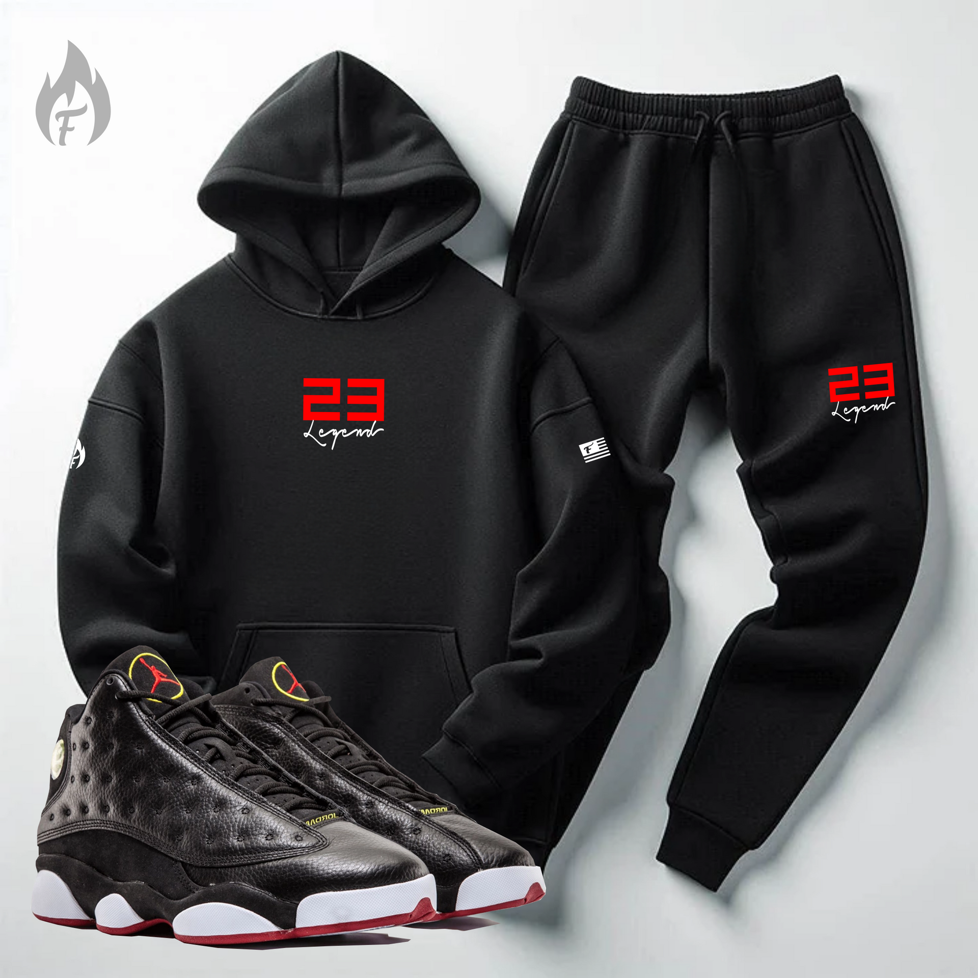 Air Jordan 13 Bred styled with a matching black-and-red sweatsuit from Threads On Fire.