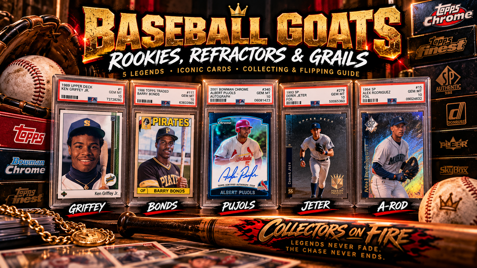 Ken Griffey Jr, Barry Bonds, Albert Pujols, Derek Jeter, and Alex Rodriguez rookie cards representing 1990s and 2000s baseball collecting.