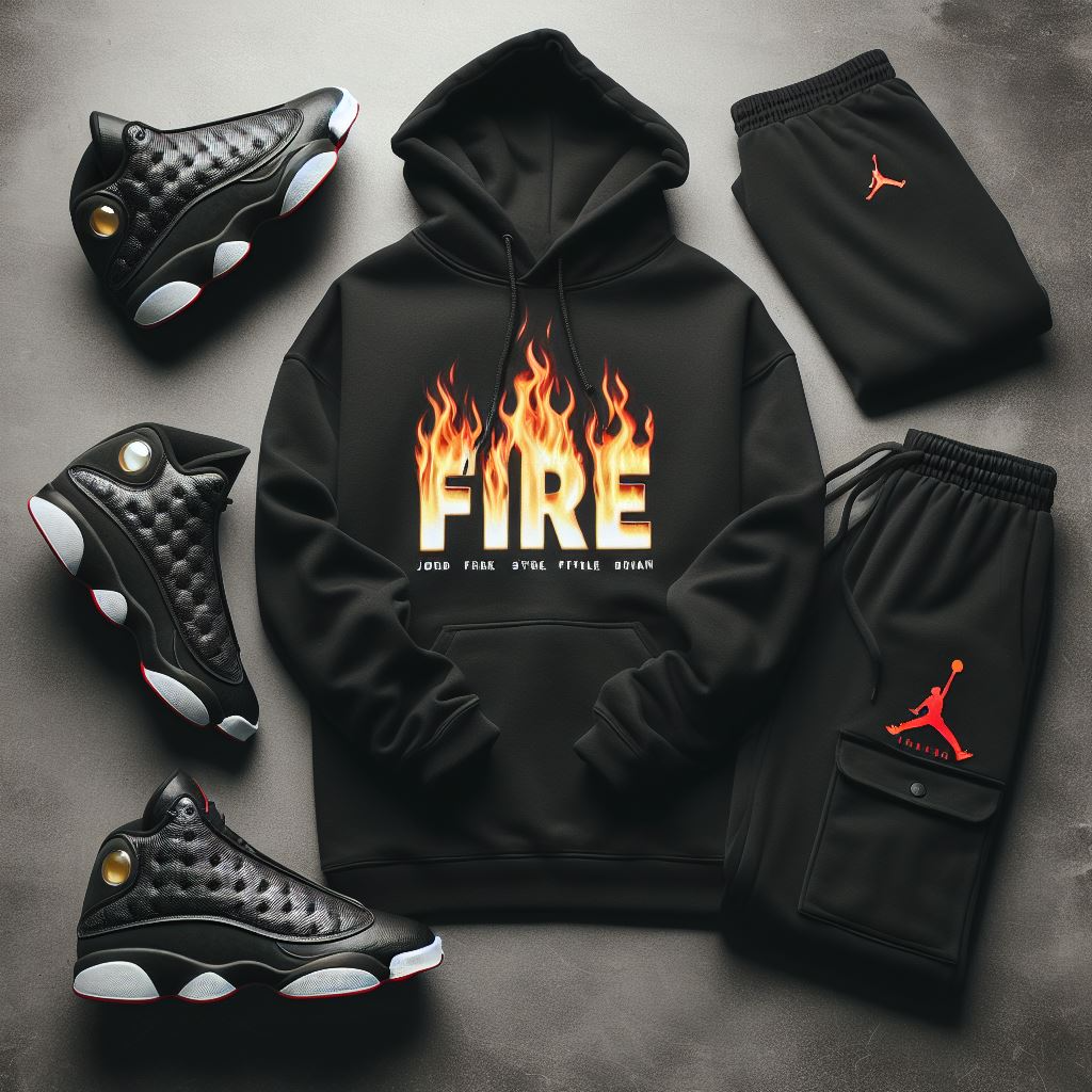 Fire hoodie and joggers sweatsuit to match air jordan retro 13 playoffs