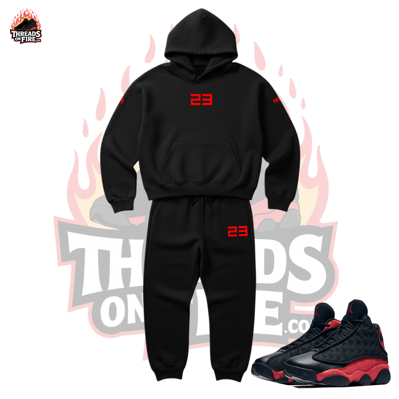 23 Tracksuit To Match Retro 13 Breds Black Red 23 Hoodie Joggers Set