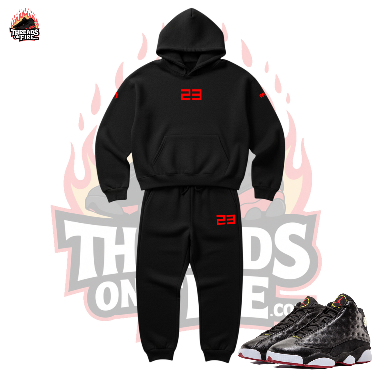 Men's Black 23 Sweatsuit To Match Air Jordan 13 Playoffs Black Red Sneaker Hoodie and Joggers Set