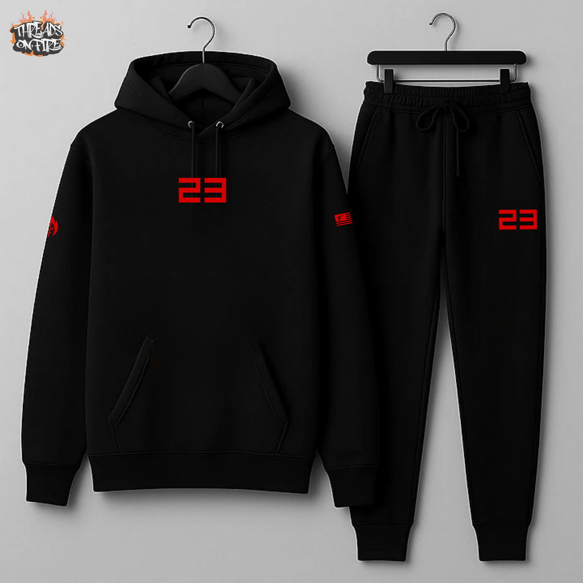 Men's Black 23 Sweatsuit To Match Air Jordan 13 Playoffs Black Red Sneaker Hoodie and Joggers Set