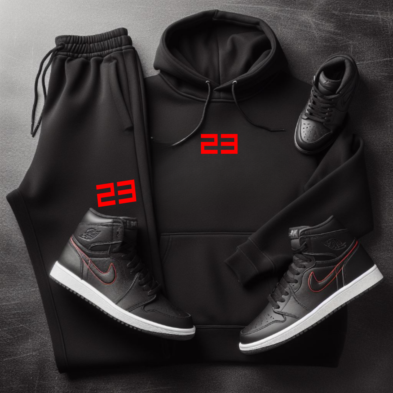 Black 23 Sneaker Sweatsuit To Match Jordan 1 Retro Bred Men's 23 Graphic Hoodie Joggers Set