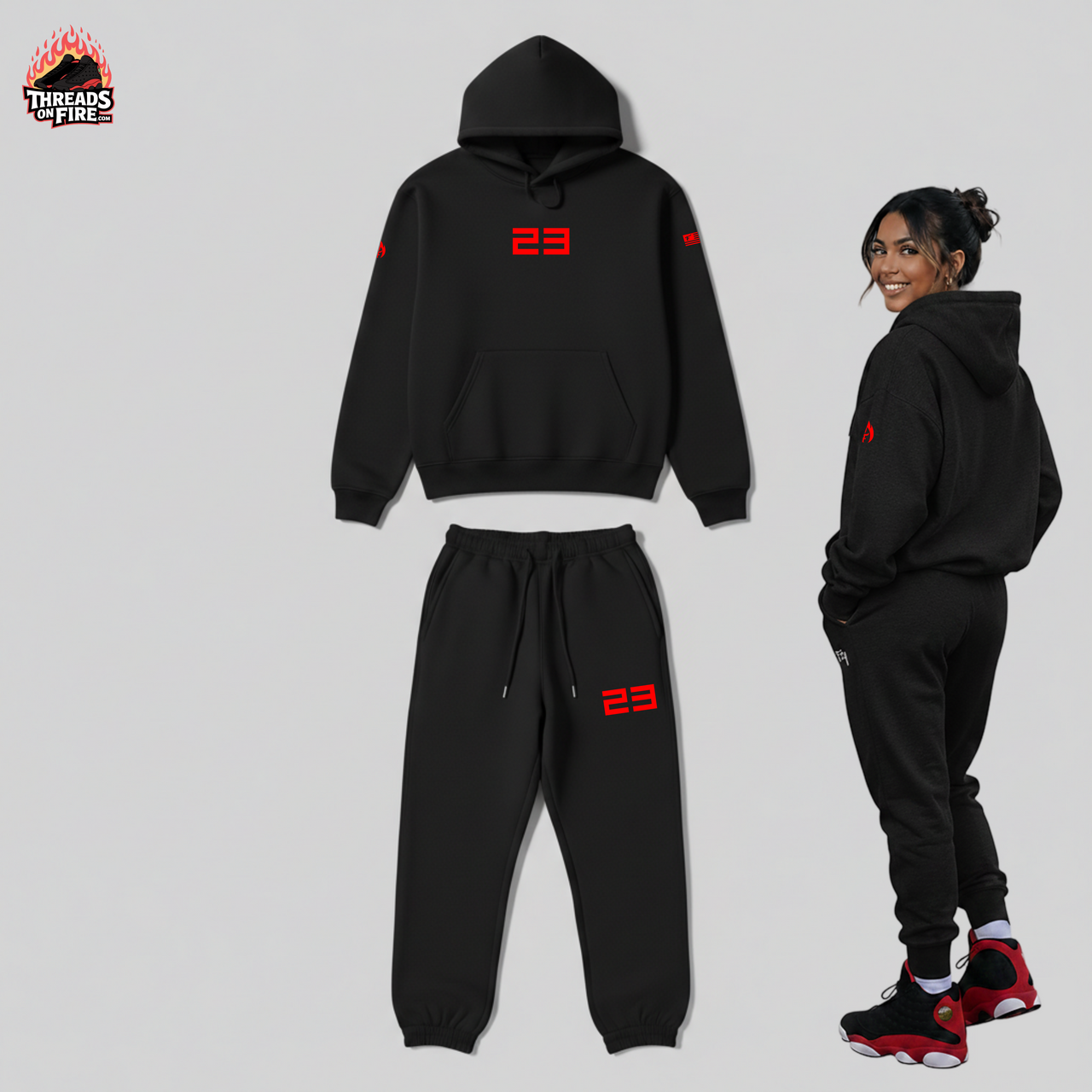 Men's '23' Black Red Hoodie Sweatpants Sweatsuit To Match Air Jordan 4 Bred Reimagined