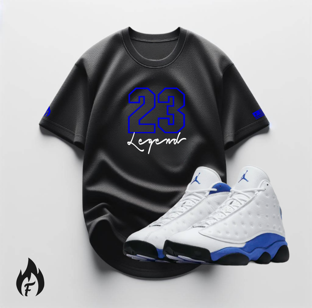 23 Legend Black Sneaker T-Shirt To Match Air Jordan Retro 13 Hyper Royal Men's Tee Fire!🔥