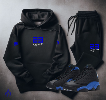 Men's "23 Legend" Graphic Sneakerhead Sweatsuit Inspired by Air Jordan 13 Retro Hyper Royal Blue Black Hoodie Joggers Set