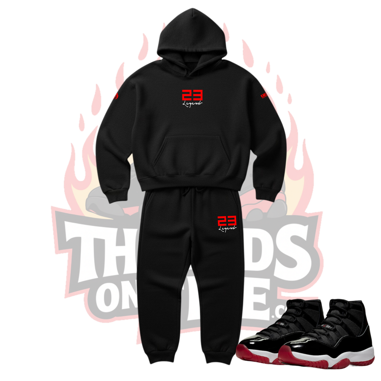 Men's 23 Legend Black Red Sneaker Sweatsuit To Match Air Jordan 11 Bred Hoodie Joggers Set