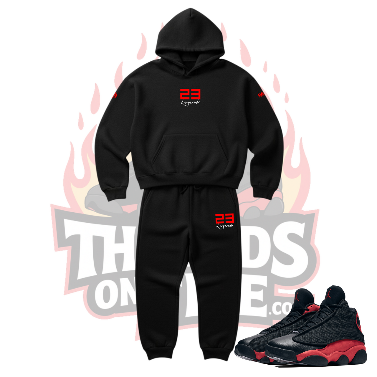 Men's Black Hoodie Joggers 23 Legend Tracksuit 2pc. Set To Match Air Jordan 13 Bred Sneakers
