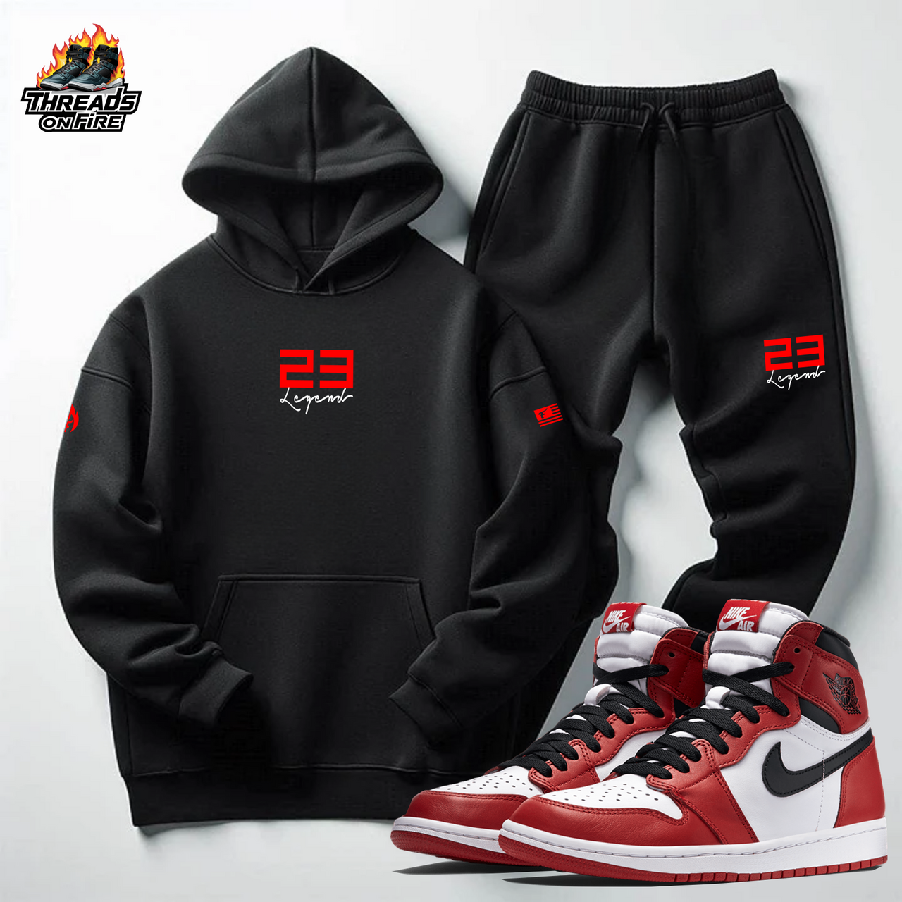 Men's 23 Legend Black Red Hoodie Joggers Sweatsuit Set To Match Air Jordan Retro 1 Chicago