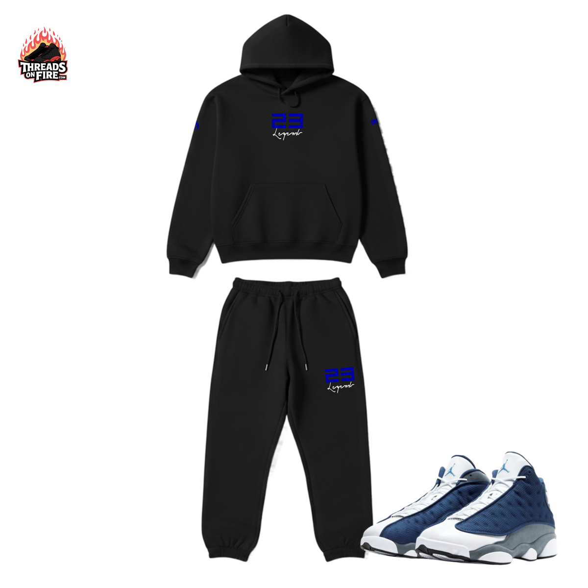 Men's 23 Legend Black Blue Tracksuit Sweatsuit Black Hoodie Sweatpants To Match Air Jordan 13 Flint