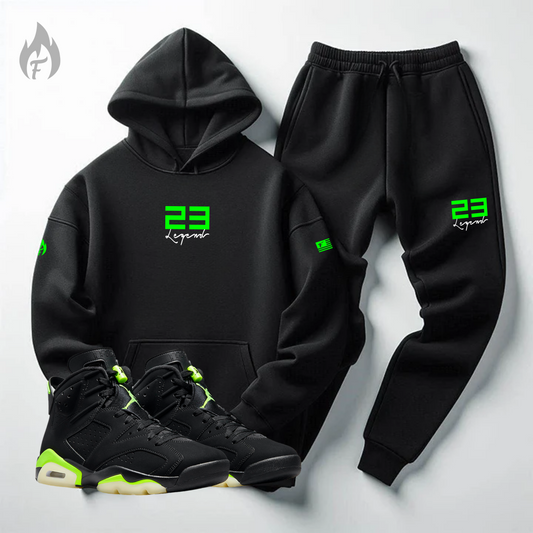 Men's 23 Legend Black Hoodie Joggers Sneaker Sweatsuit To Match Air Jordan Retro 6 Electric Green