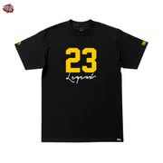 Men's 23 Legend black graphic T-shirt with bold yellow number 23 and white Legend script by Threads On Fire.