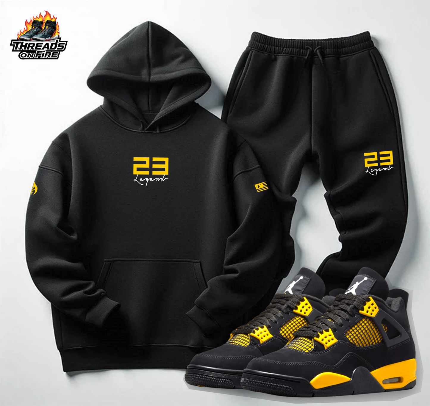 Men's Black Yellow Hoodie Joggers 23 Legend Sweatsuit To Match Air Jordan 4 Thunder