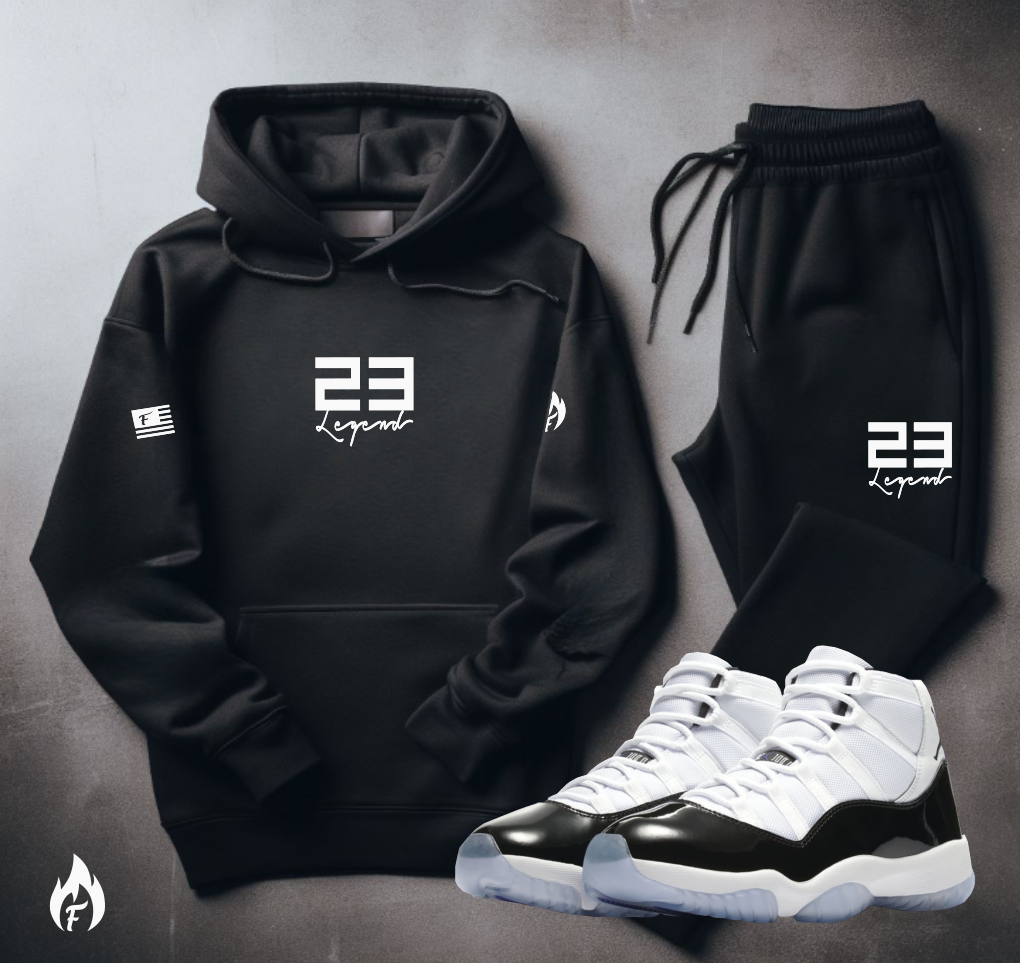 Black 23 Legend Sneaker Hoodie & Joggers Set To Match Air Jordan Retro 11 Jubilee Black Men's Sweatsuit