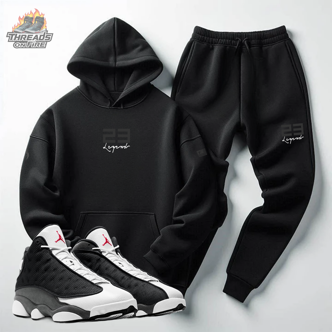 Men's '23 Legend' Black Ghosted Hoodie Joggers Black Sweatsuit To Match Air Jordan 13 Black Flint