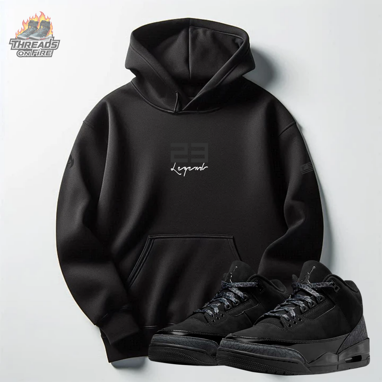 Men's 23 Legend Black on Black Sweatsuit To Match Air Jordan 3 Black Cat Hoodie Joggers Set