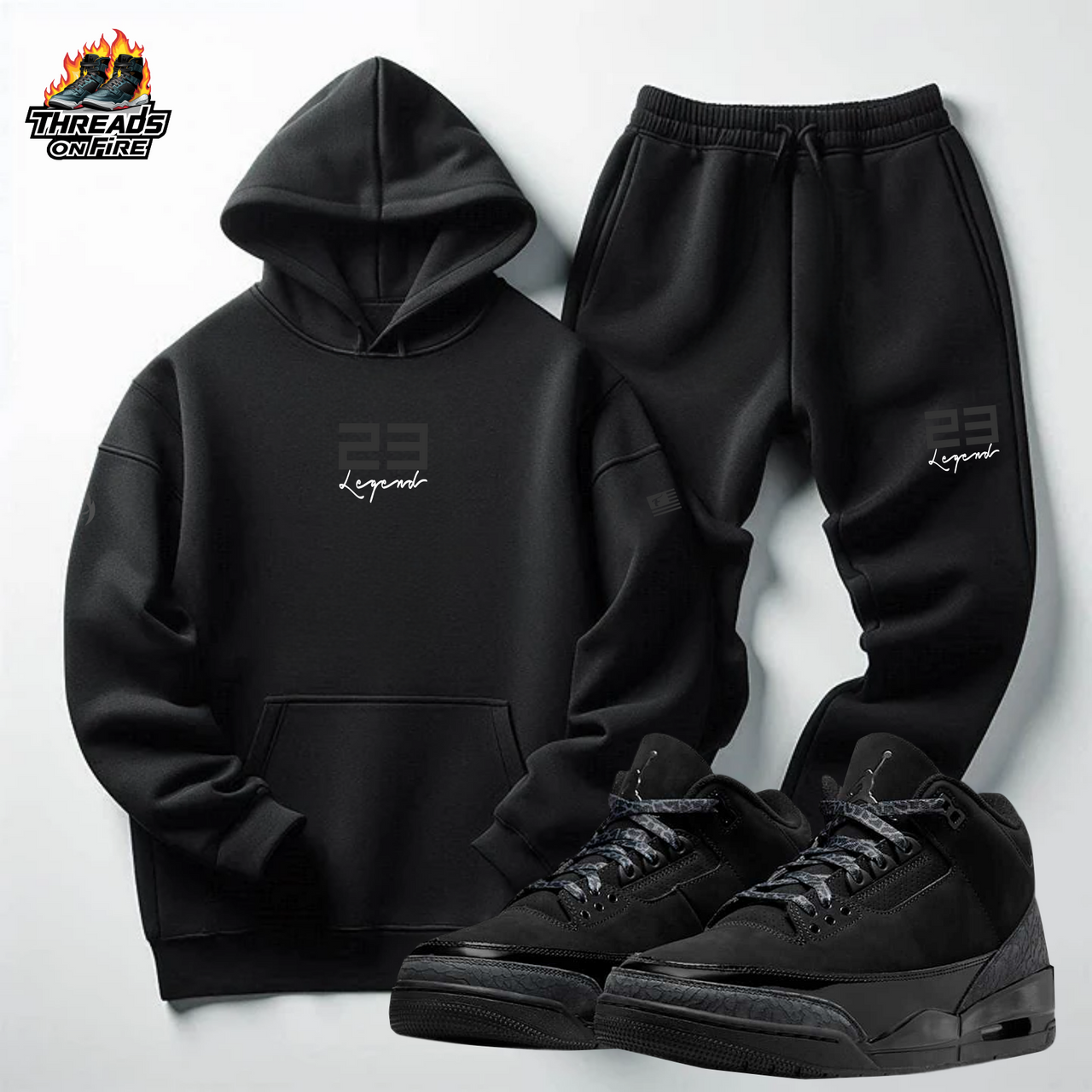 Men's 23 Legend Black on Black Sweatsuit To Match Air Jordan 3 Black Cat Hoodie Joggers Set