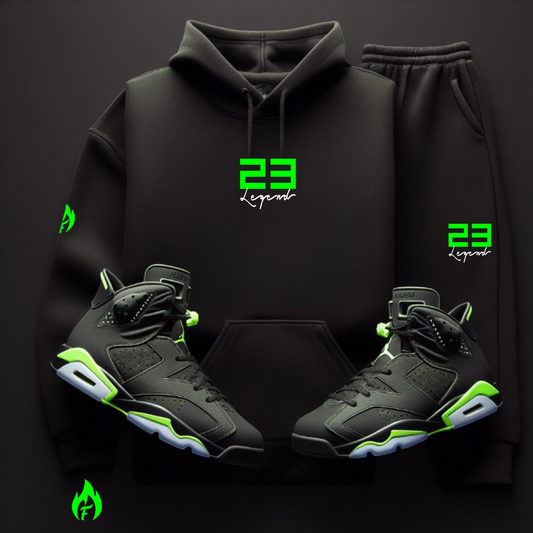 Men's 23 Legend Black Hoodie Joggers Sneaker Sweatsuit To Match Air Jordan Retro 6 Electric Green