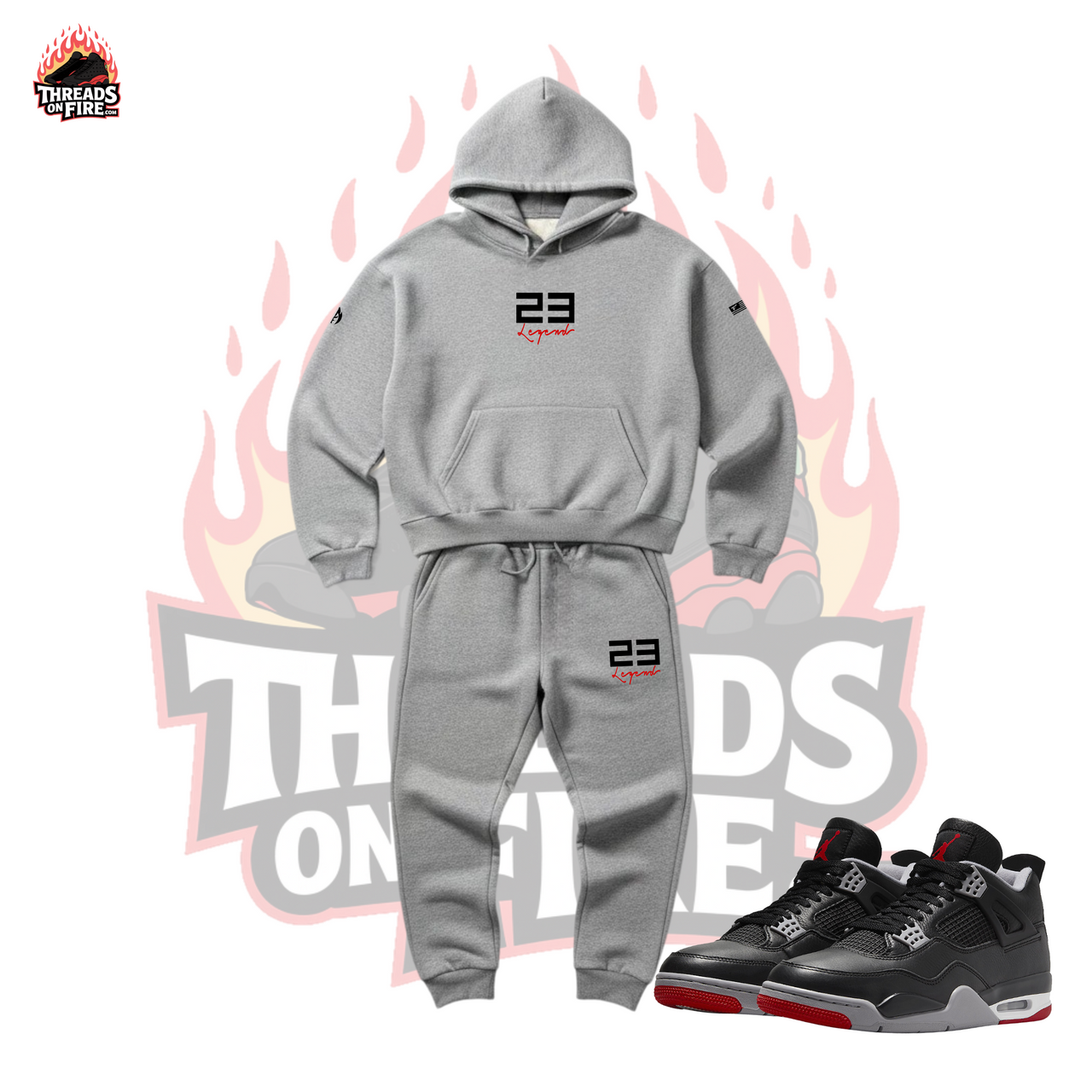Gray hoodie and pants set with '23' logo on a white background with flames and text.