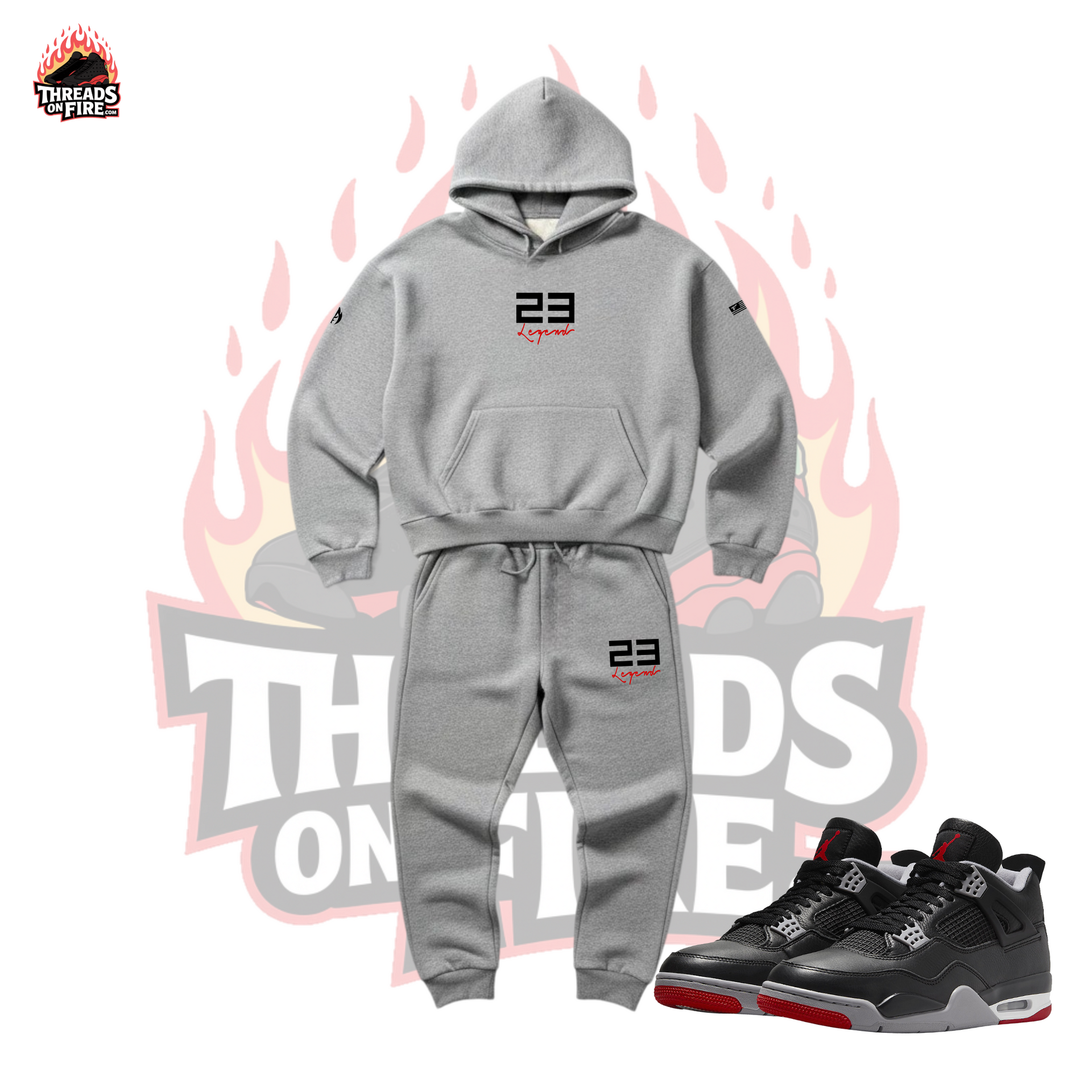 Gray hoodie and pants set with '23' logo on a white background with flames and text.