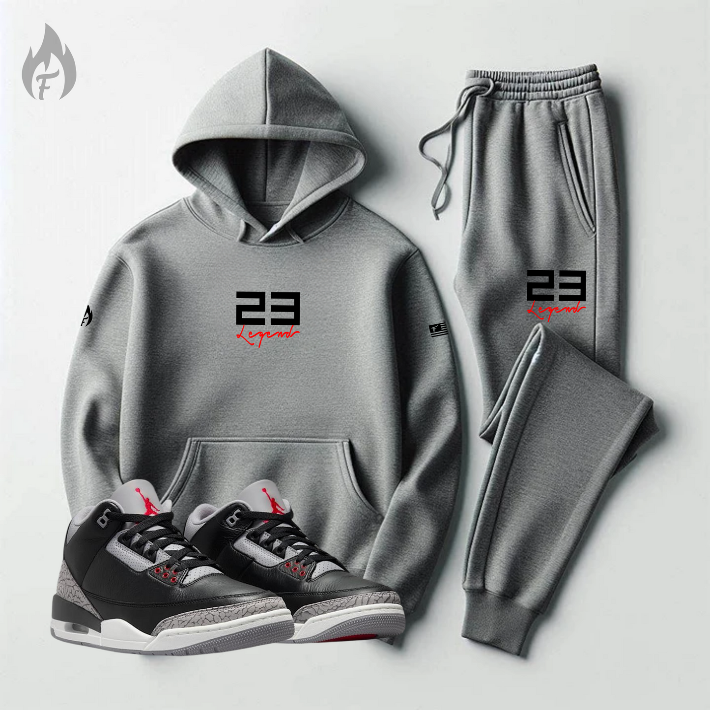 Men's Grey Hoodie Joggers To Match Air Jordan 3 Black Cement 23 Legend Sweatsuit Tracksuit