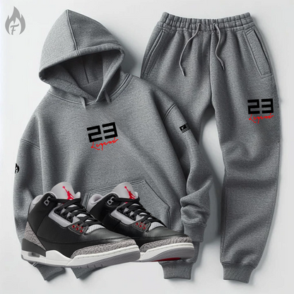 Men's Grey Hoodie Joggers To Match Air Jordan 3 Black Cement 23 Legend Sweatsuit Tracksuit