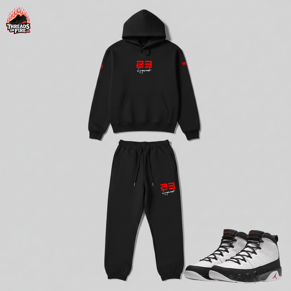 Men's 23 Legend Black Hoodie Sweatpants Sweatsuit Bred Colorway To Match Air Jordan 9 Space Jam