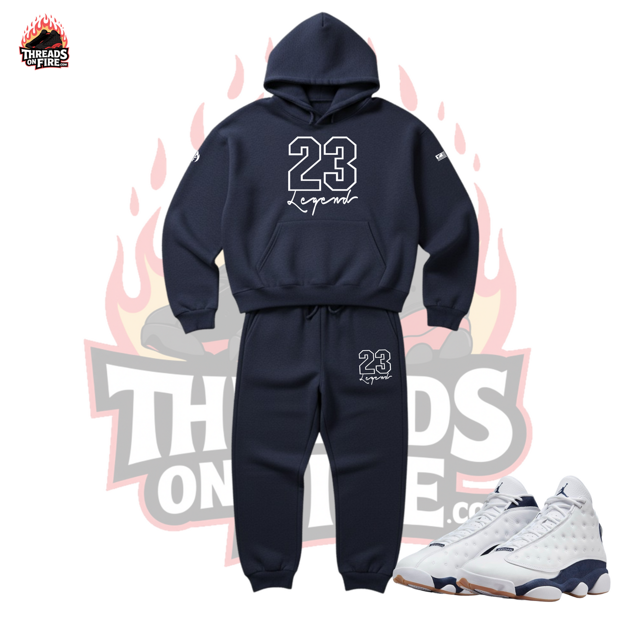 Men's Navy Blue Hoodie & Joggers Sweatsuit To Match Air Jordan 13 Midnight Navy 23 Legend Tracksuit