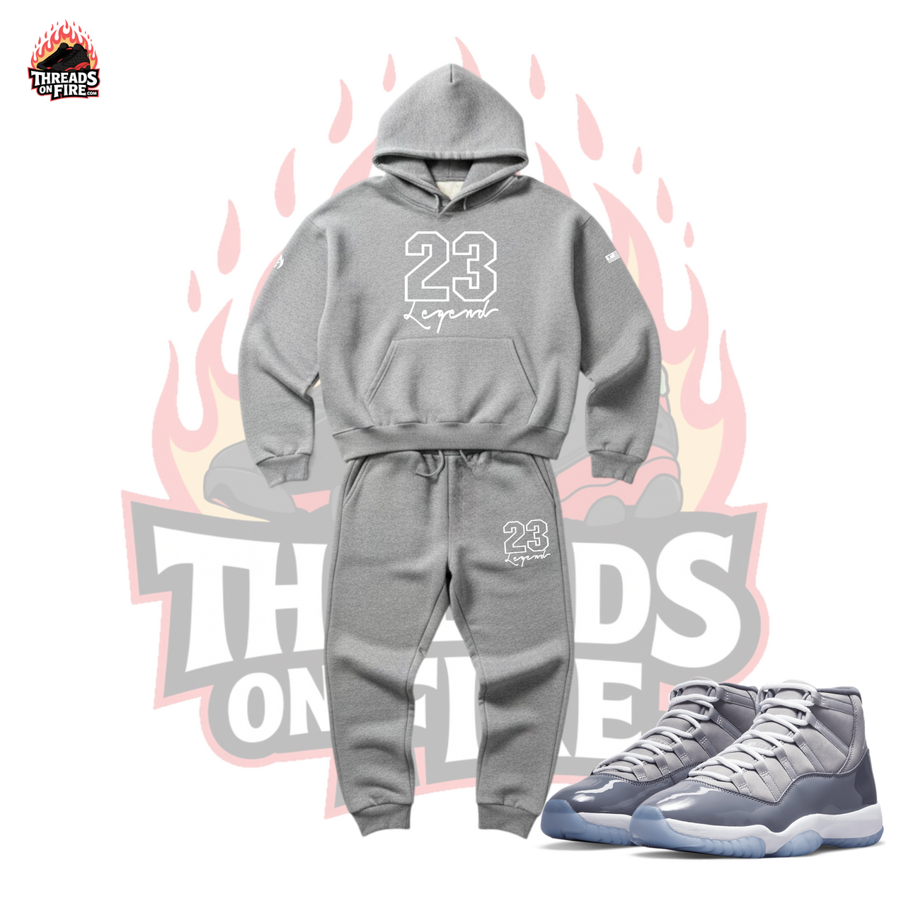 Men's Gray 23 Legend Sneaker Sweatsuit To Match Air Jordan Retro 11 Cool Grey Sneaker Hoodie Joggers Set