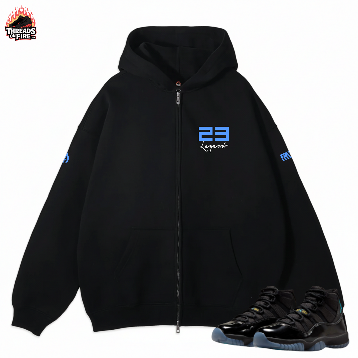 Full Zip Black Hoodie Sweatpants Sweatsuit Fleece Tracksuit To Match Air Jordan 11 Gamma