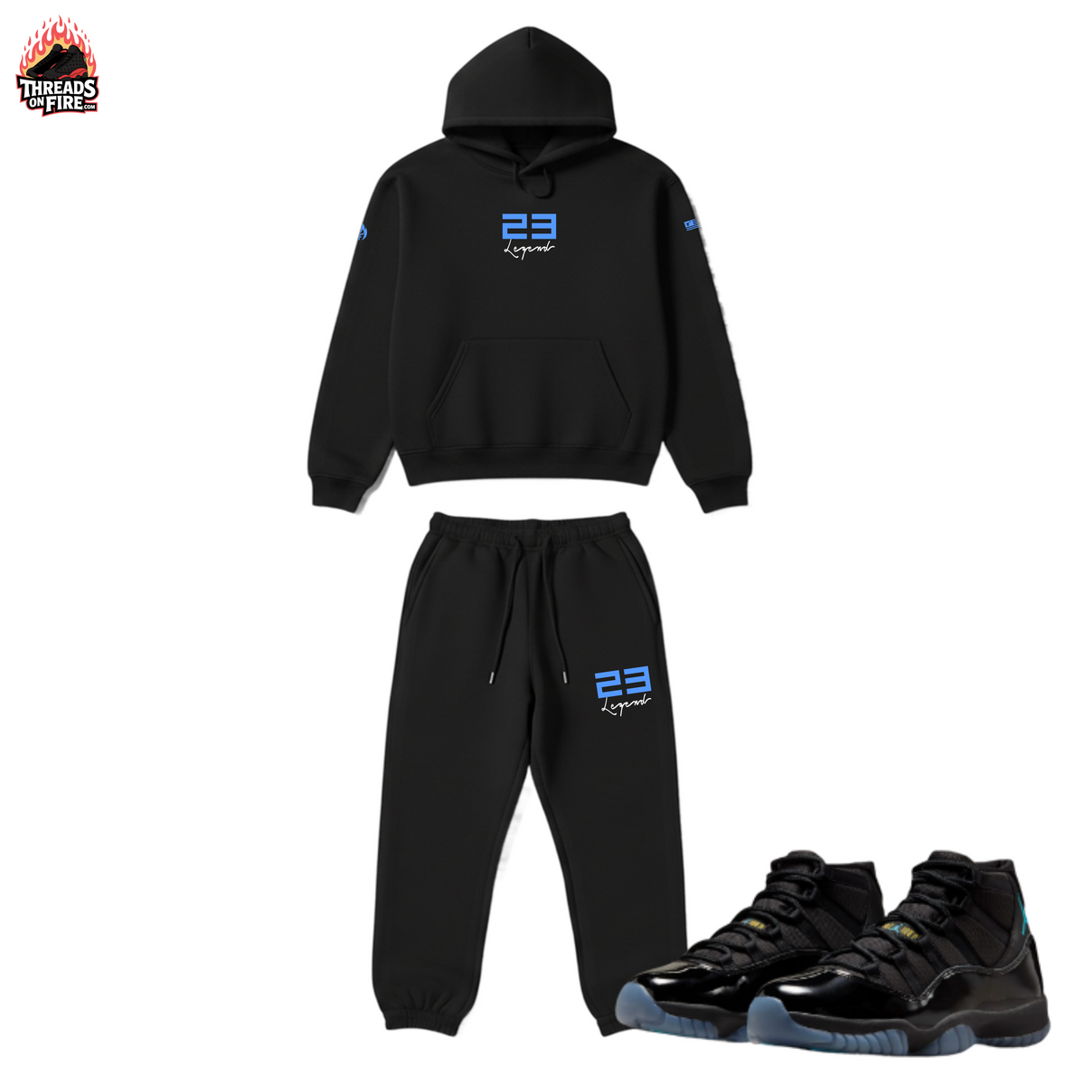 23 Legend Black Sky Blue Hoodie & Joggers Sweatsuit – Matches Air Jordan 11 Gamma