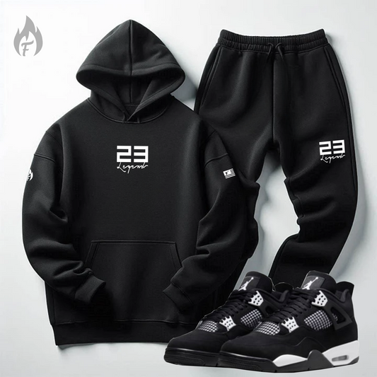 Black 23 Legend Sweatsuit To Match Air Jordan Retro 4 Thunder Black White Sneaker Hoodie and Joggers Set