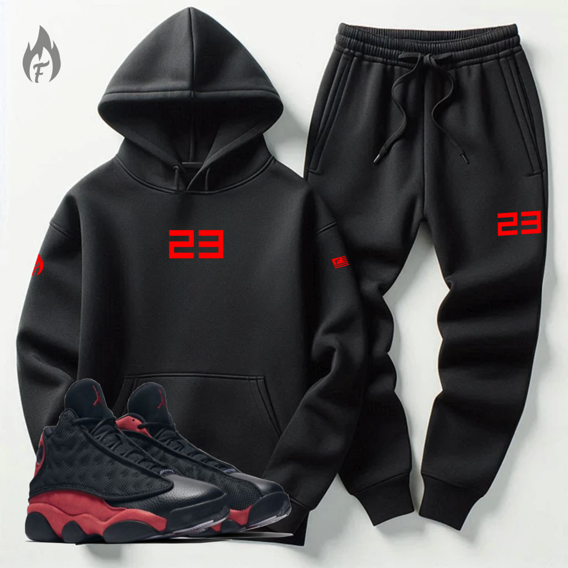 23 Black Sweatsuit To Match Air Retro 13 Sneaker Graphics Red 23 Hoodie & Joggers Sweatsuit