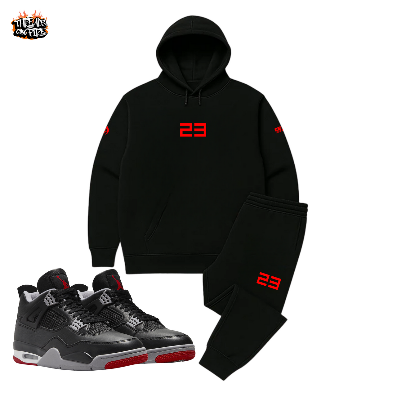 Men's '23' Black Red Hoodie Sweatpants Sweatsuit To Match Air Jordan 4 Bred Reimagined