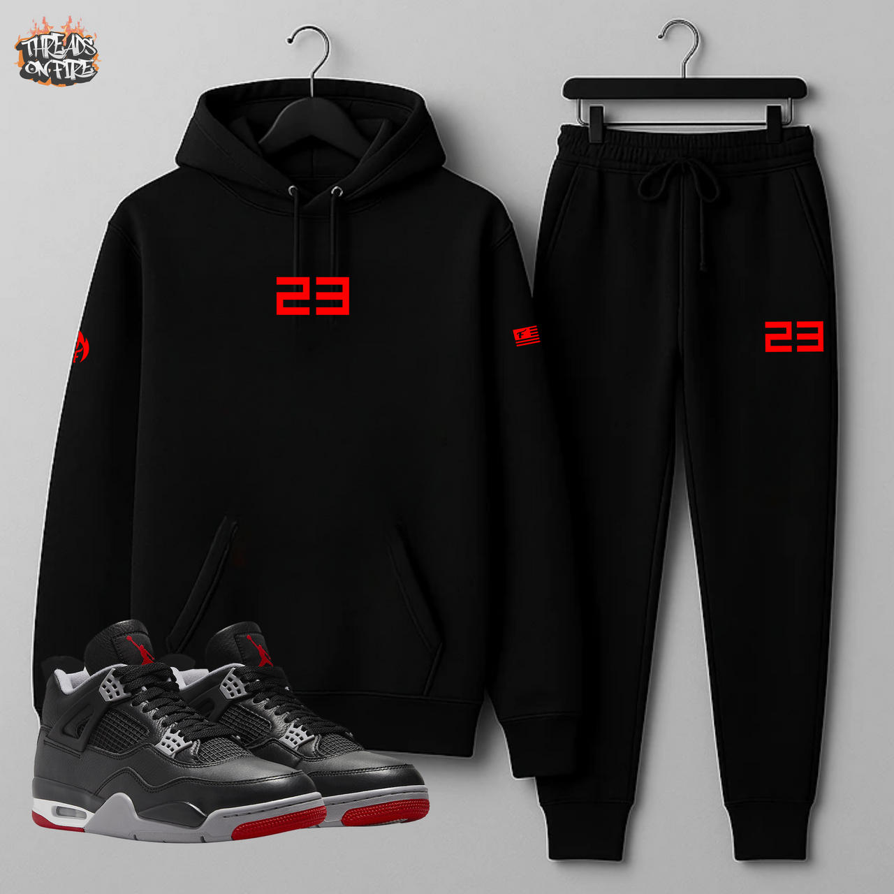 Men's '23' Black Red Hoodie Sweatpants Sweatsuit To Match Air Jordan 4 Bred Reimagined