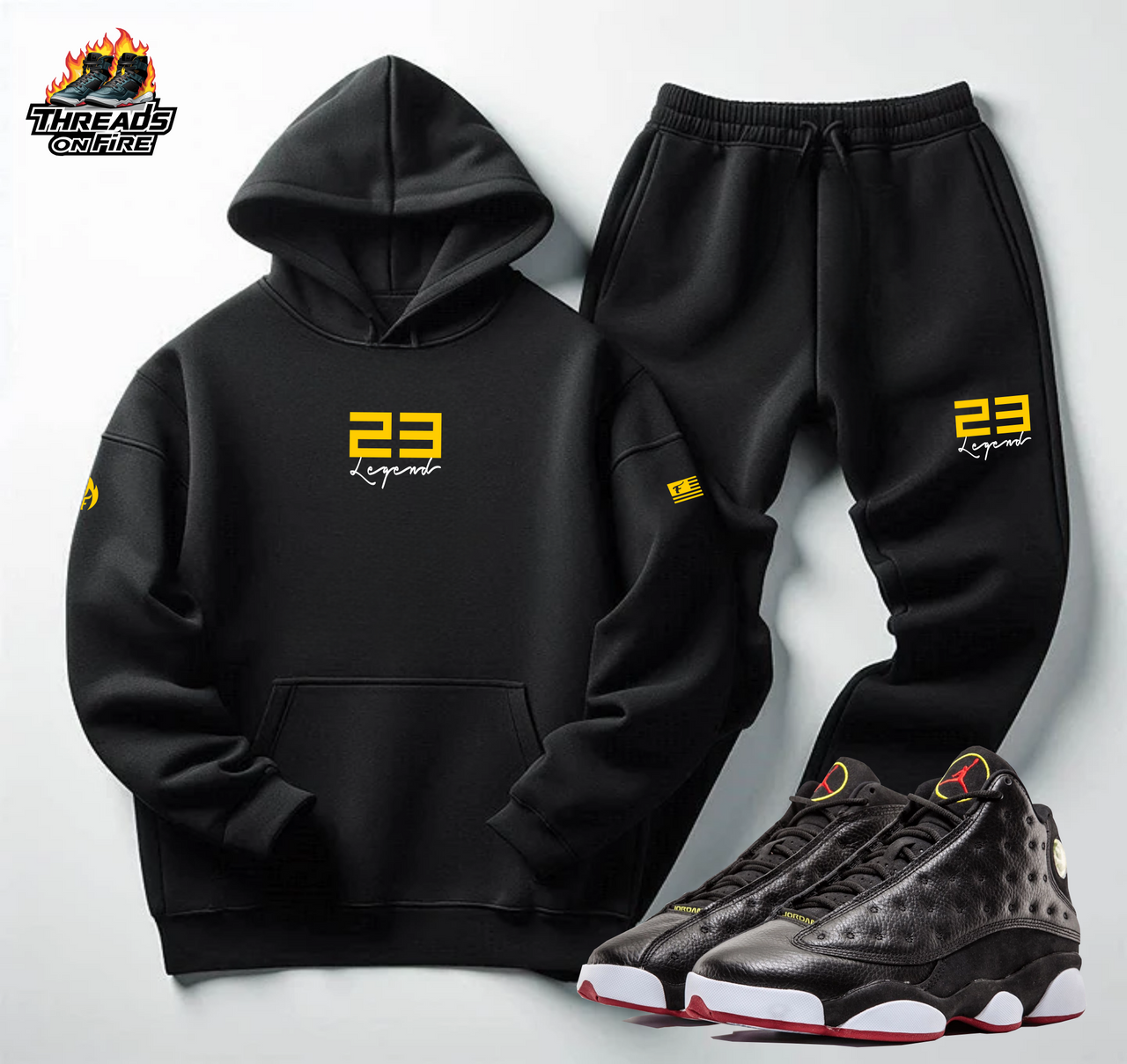 Men's Black & Yellow Sweatsuit To Match Air Jordan 13 Playoffs Black Hoodie Joggers Tracksuit