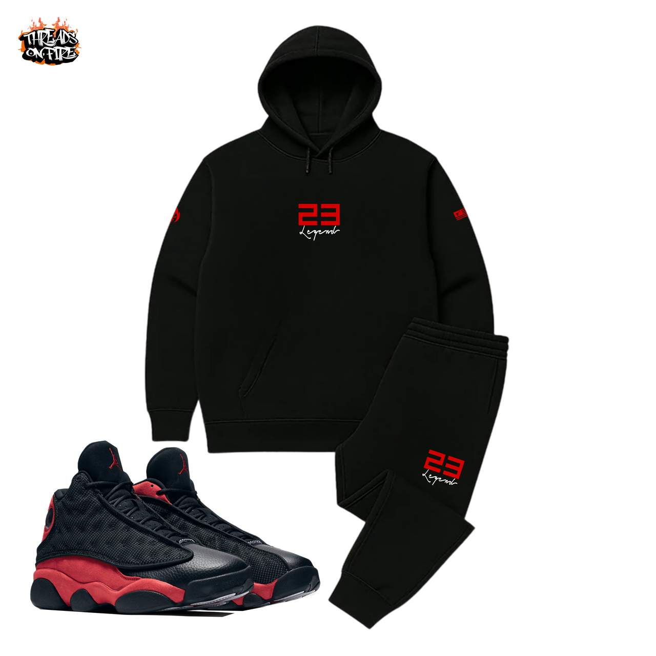 Men's Black Red Sweatsuit 23 Legend Hoodie Joggers Set To Match Air Jordan 13 Bred