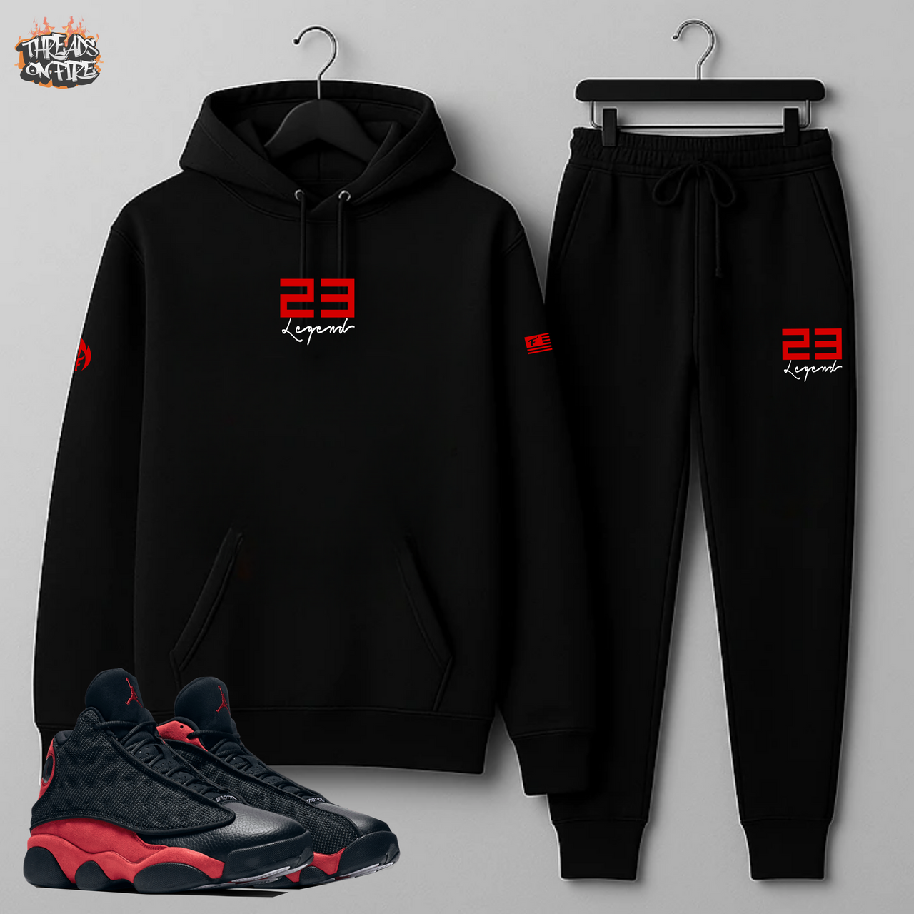 Men's Black Red Sweatsuit 23 Legend Hoodie Joggers Set To Match Air Jordan 13 Bred