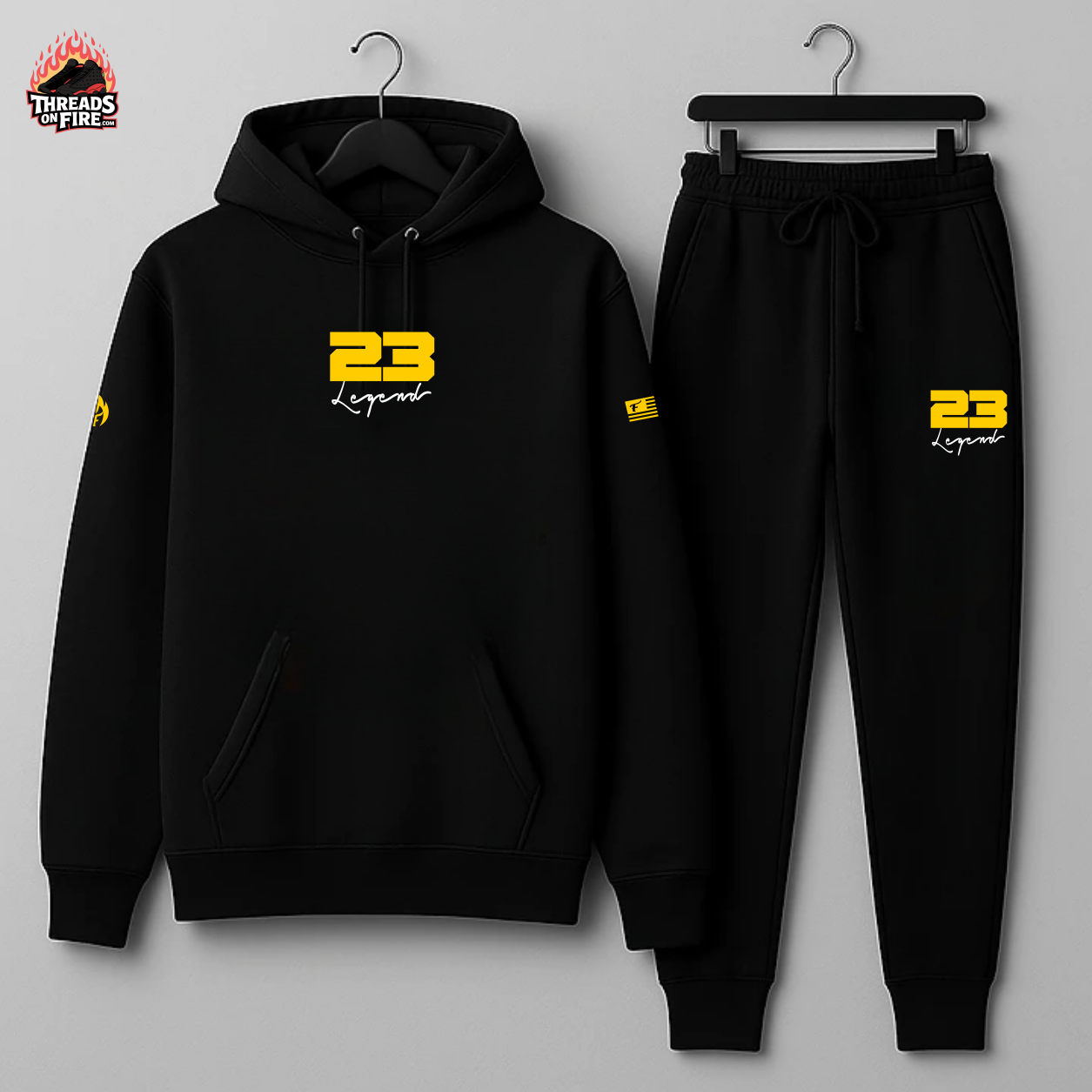 Men's 23 Legend Black Yellow Sporty Sweatsuit Hoodie Joggers Set To Match Air Jordan 4 Yellow Thunder