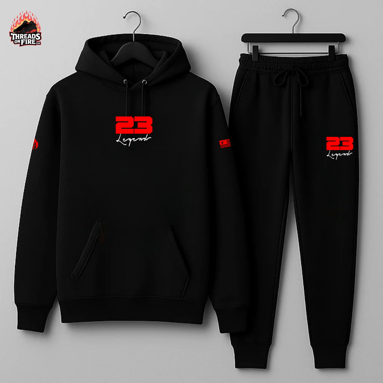 Men's 23 Legend Black and Sporty Red Sweatsuit Hoodie Joggers Set To Match Air Jordan 13 Bred