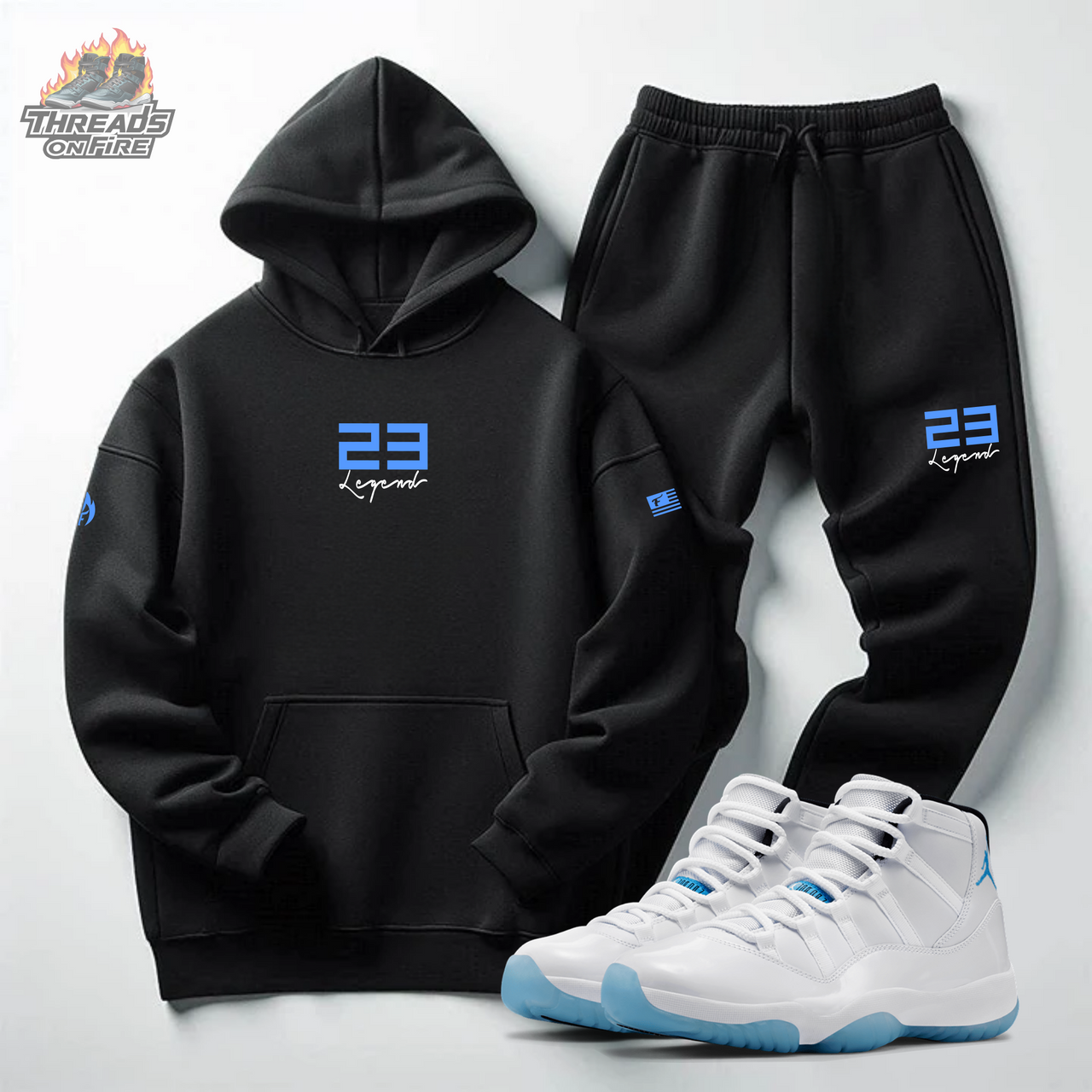 Men's 23 Legend Black Hoodie Joggers Sweatsuit Set To Match Air Jordan 11 Legend Blue