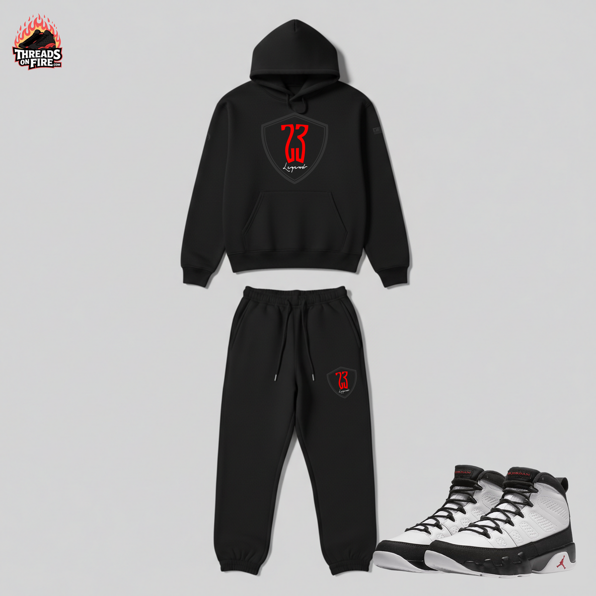 Men's "Crooked Numbers" 23 Legend Black Hoodie Sweatpants Sweatsuit To Match Air Jordan 9 Space Jam