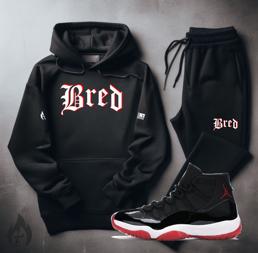 Black Tracksuit To Match Air Jordan 11 Bred Sweatsuit Sneaker BRED Hoodie and Joggers Set