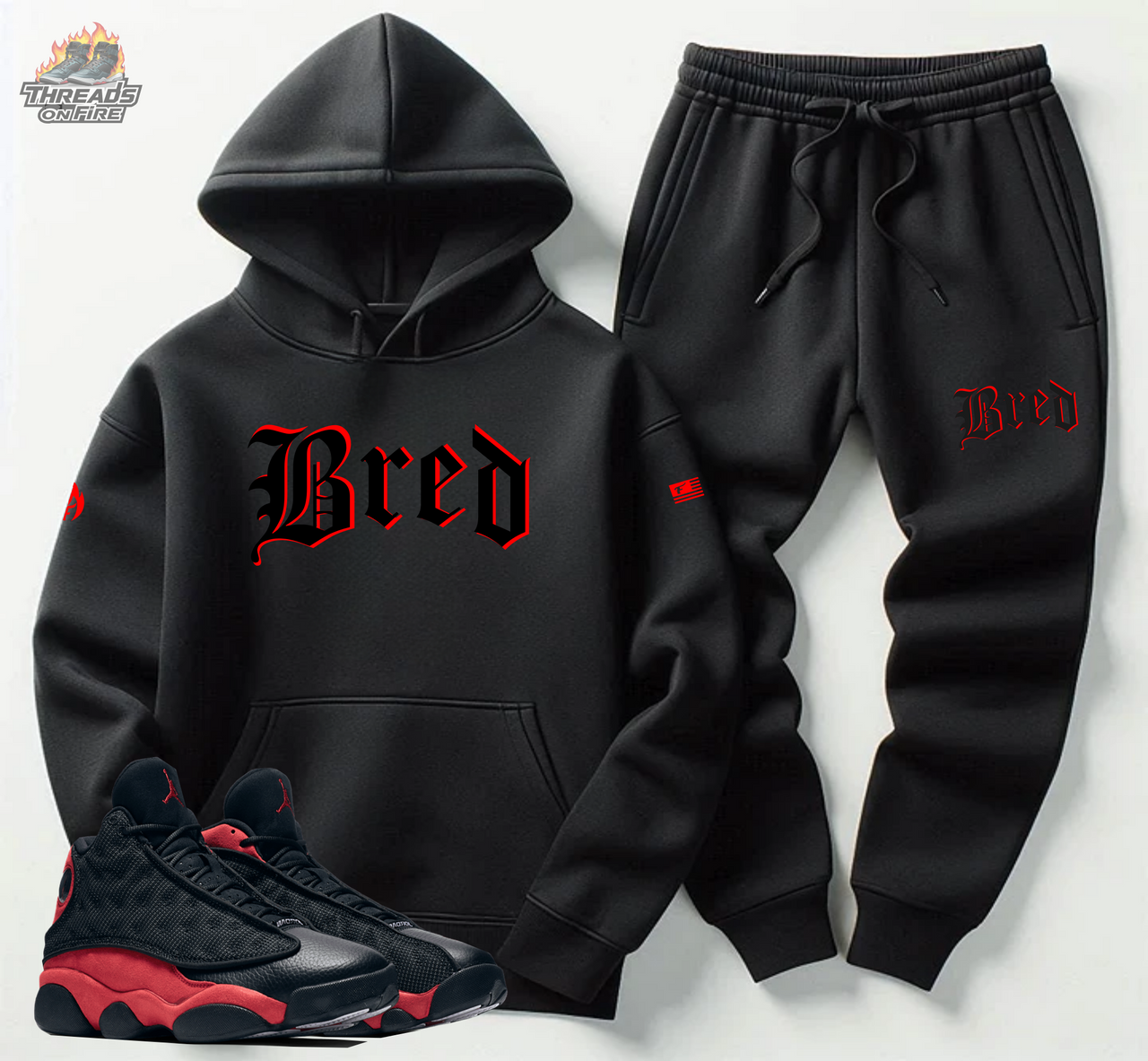 Men's BRED Hoodie and Joggers Black Sweatsuit To Match Air Jordan Retro 13 Bred