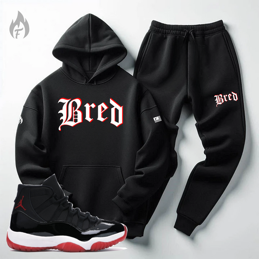 Black Tracksuit To Match Air Jordan 11 Bred Sweatsuit Sneaker BRED Hoodie and Joggers Set